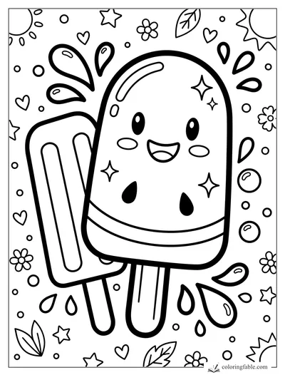 Cute watermelon popsicle with smiling face, seeds, splash shapes, hearts, stars, flowers, leaves, and suns.