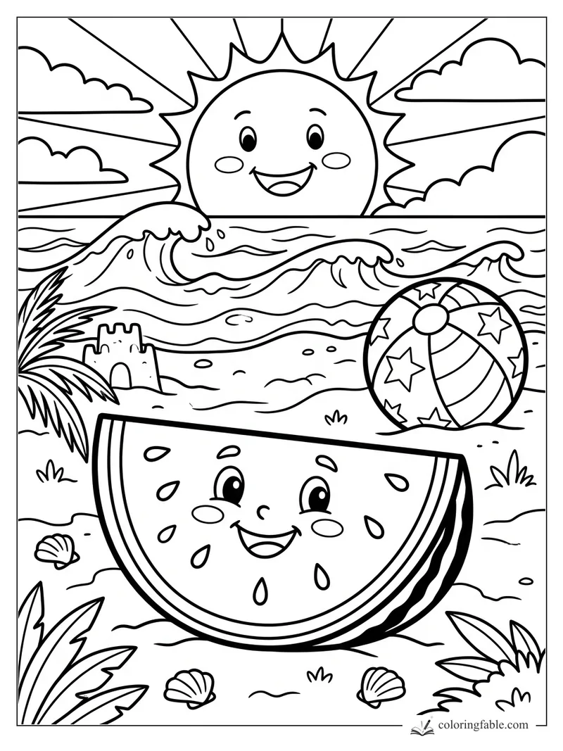 Cartoon watermelon slice smiling on a beach with waves, sun, shells, sandcastle, palm leaves, and beach ball