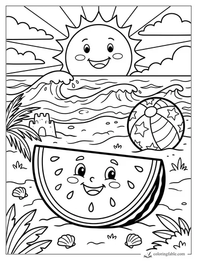Cartoon watermelon slice smiling on a beach with waves, sun, shells, sandcastle, palm leaves, and beach ball