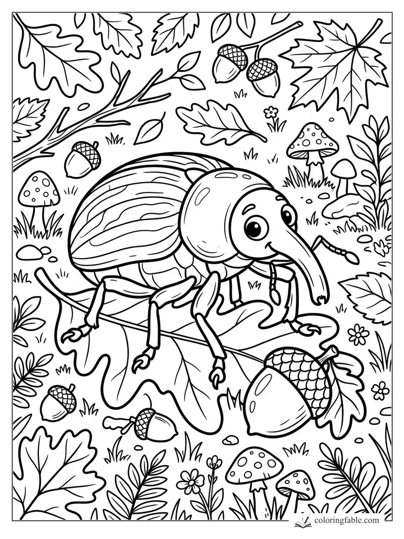 Cartoon weevil with a long snout on an oak leaf, surrounded by acorns, mushrooms, and fall leaves