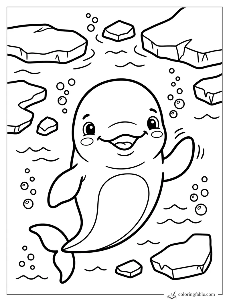 Cartoon smiling whale waving its flipper among floating ice chunks, bubbles, and wavy water lines.