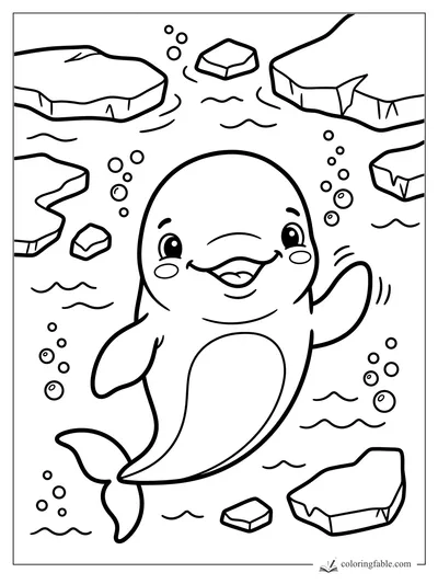Cartoon smiling whale waving its flipper among floating ice chunks, bubbles, and wavy water lines.