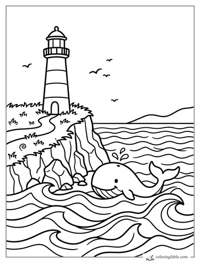 Vintage-style whale splashing below a striped cliff lighthouse, rocky shore, waves, gulls, and distant hills.