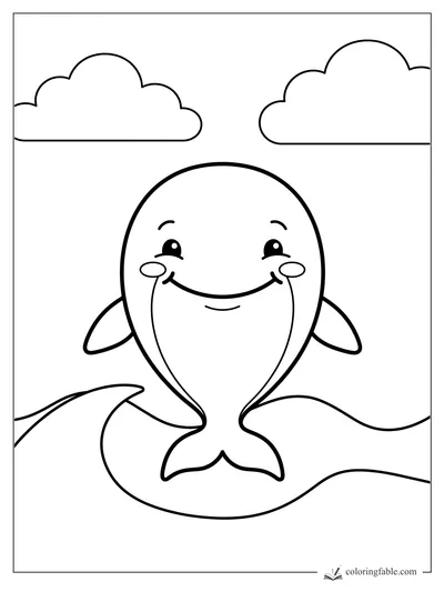 Smiling cartoon whale with flippers, tail, waves, and two puffy clouds coloring page