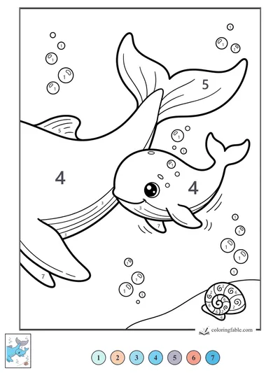 Smiling Whale Between Tails and Bubbles — color by number