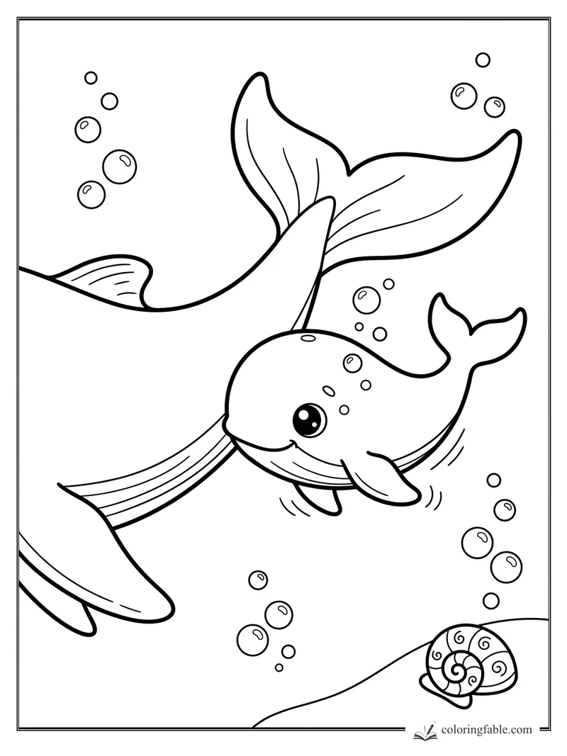 Kawaii whale smiling among bubbles, whale tails, and a spiral seashell on the ocean floor