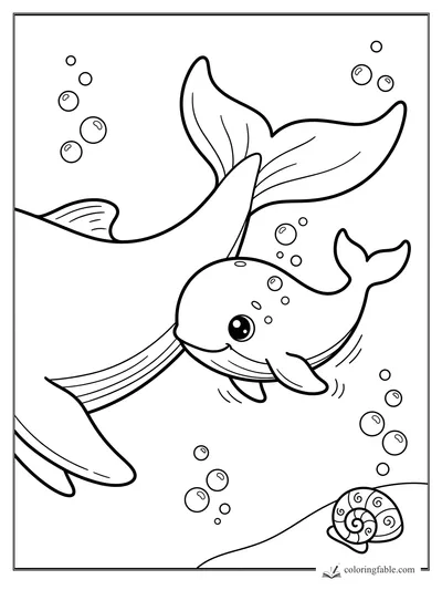 Kawaii whale smiling among bubbles, whale tails, and a spiral seashell on the ocean floor