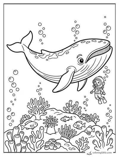 Cartoon whale with spotted back swimming above a small diver, bubbles, fish, and coral reef