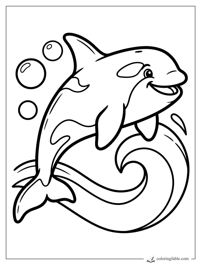 Easy whale coloring page with a smiling whale, three bubbles, and a curling ocean wave.