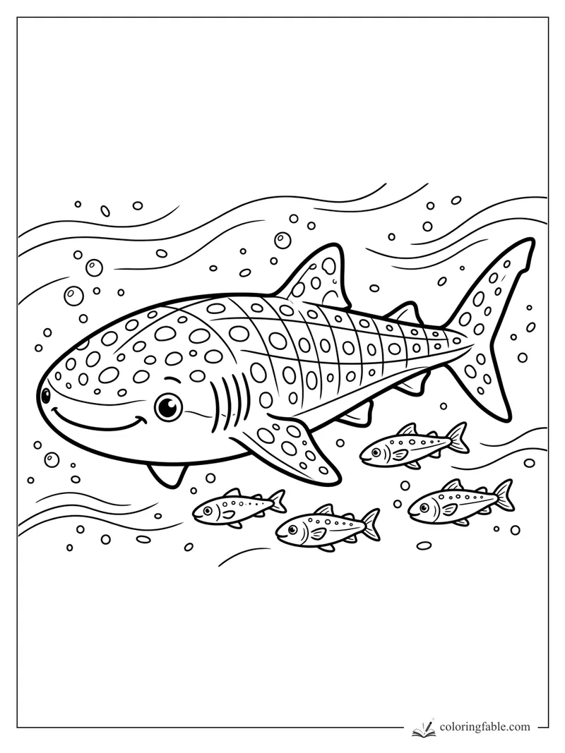 Smiling whale shark with spots, patterned fins, bubbles, and four small fish swimming below.
