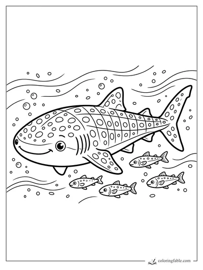 Smiling whale shark with spots, patterned fins, bubbles, and four small fish swimming below.