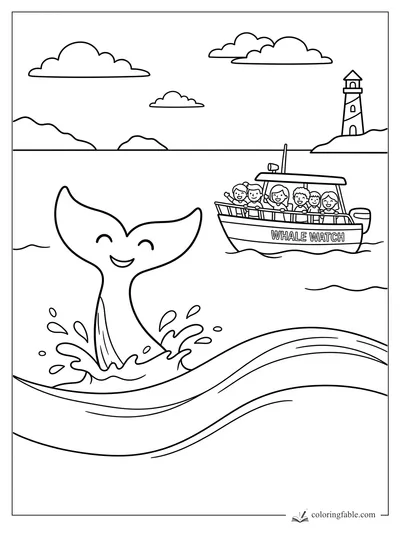 Cartoon whale tail splashing near a whale watch boat, lighthouse, clouds, and distant islands.