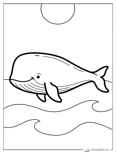 Bold easy whale coloring page with a smiling whale, round sun, and rolling ocean waves.