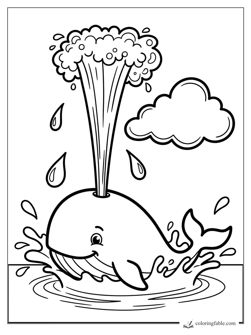 Easy whale coloring page with a smiling whale, tall foamy blowhole spray, splashes, and a cloud