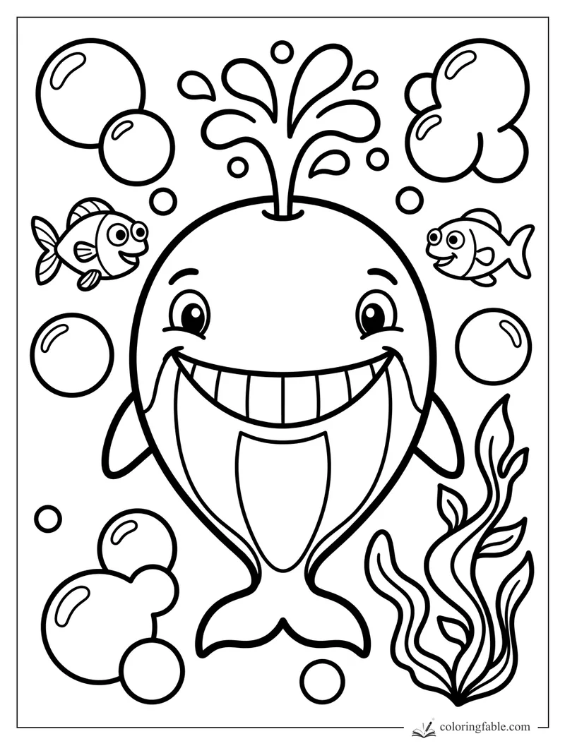 Easy coloring page of a smiling whale with water spout, bubbles, two fish, and seaweed.