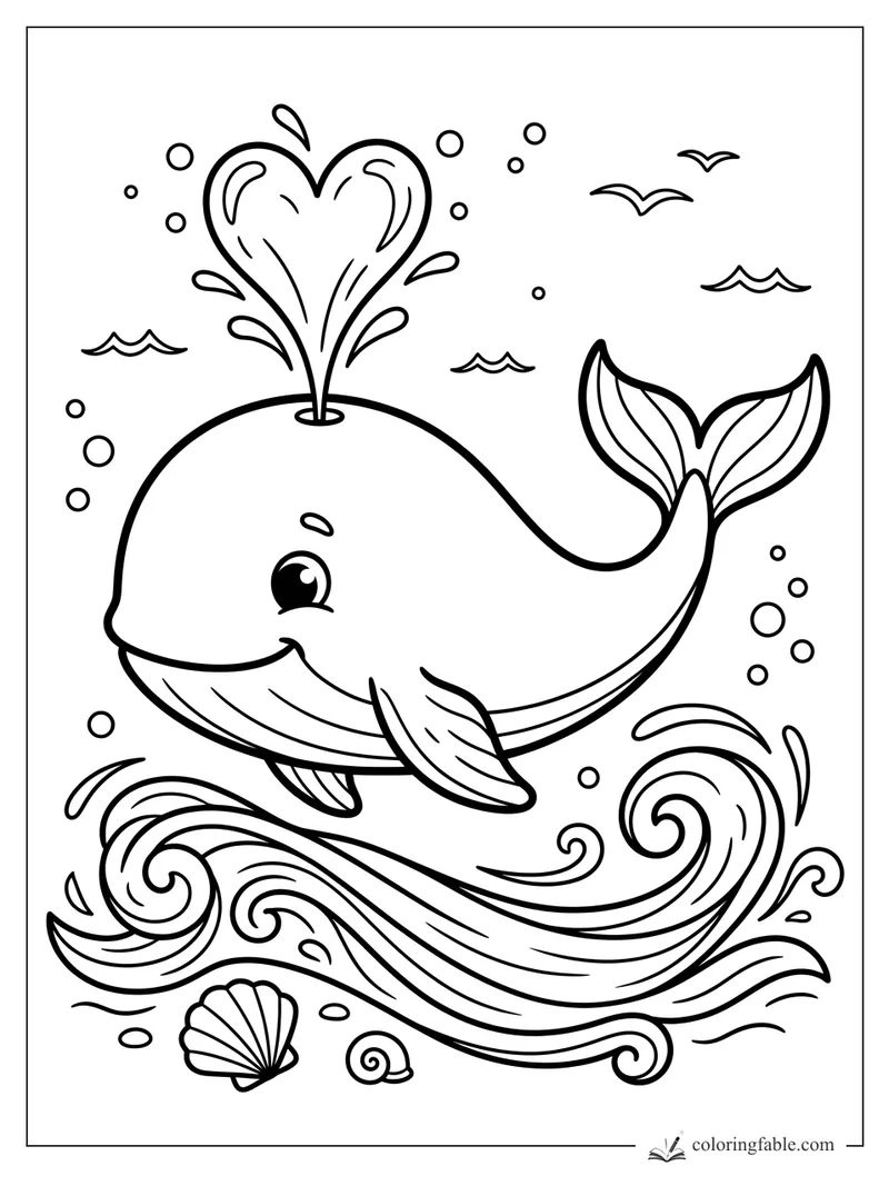 Cute smiling whale with a heart-shaped water spout, curling waves, bubbles, shells, and seabirds
