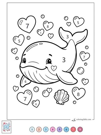 Smiling Whale with Heart Stickers and Shell — color by number