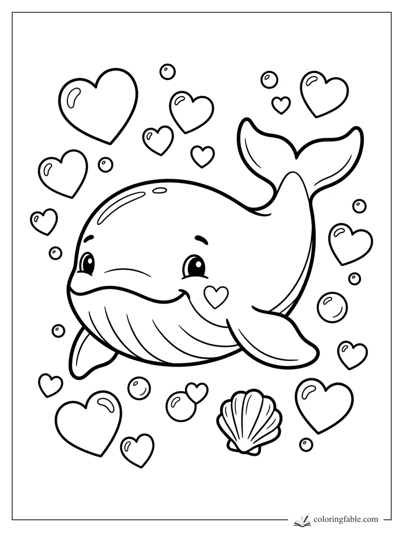 Cute smiling whale sticker with hearts, bubbles, and a scallop shell coloring page