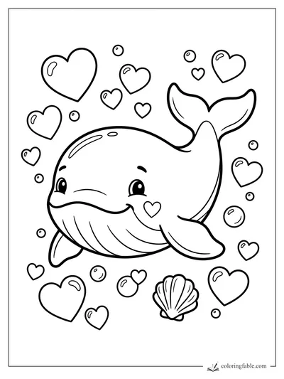 Cute smiling whale sticker with hearts, bubbles, and a scallop shell coloring page