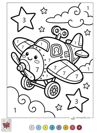 Smiling Wind-Up Airplane Among Stars — color by number