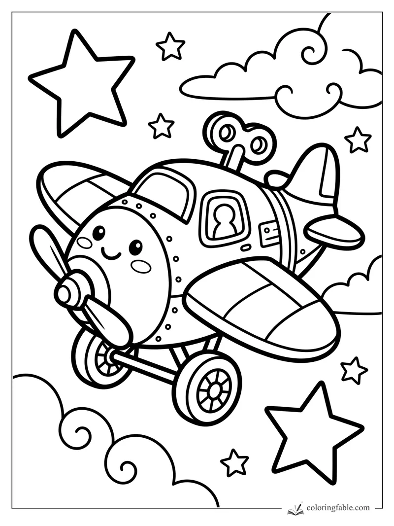 Cute wind-up propeller airplane with smiling face, wheels, clouds, and stars