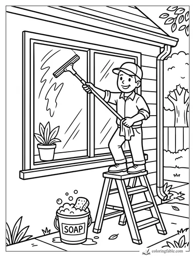 Child washing a large house window with a squeegee, soap bucket, plant, ladder, gutter, and backyard tree.