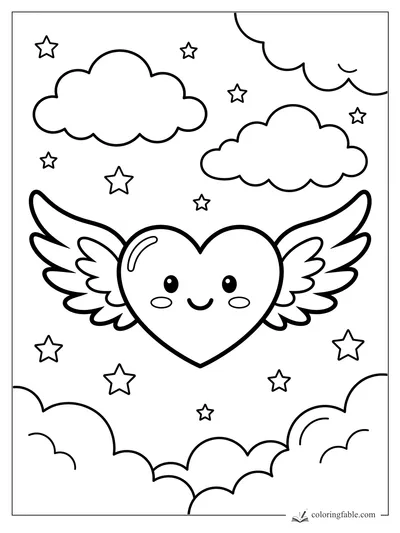 Kawaii winged heart smiling between fluffy clouds and small stars coloring page