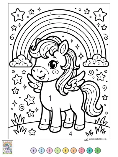 Smiling Winged Pony Under a Rainbow — color by number