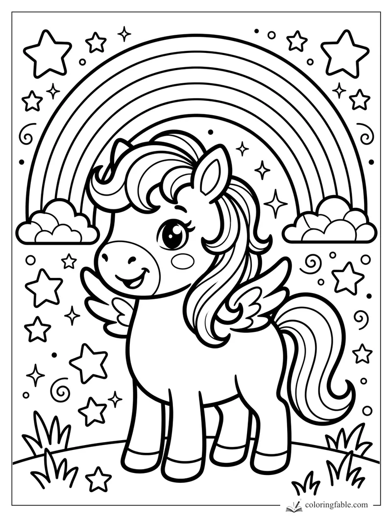 Kawaii winged pony with curled mane, rainbow, clouds, stars, swirls, and grass coloring page.