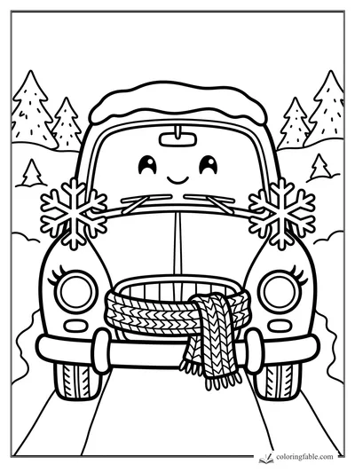 Cute winter car with a scarf, roof snow, big snowflakes, and pine trees coloring page
