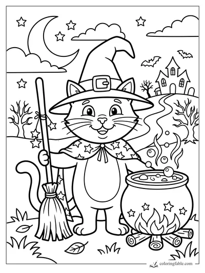 Cartoon witch cat with broom, bubbling cauldron, crescent moon, bats, and haunted house