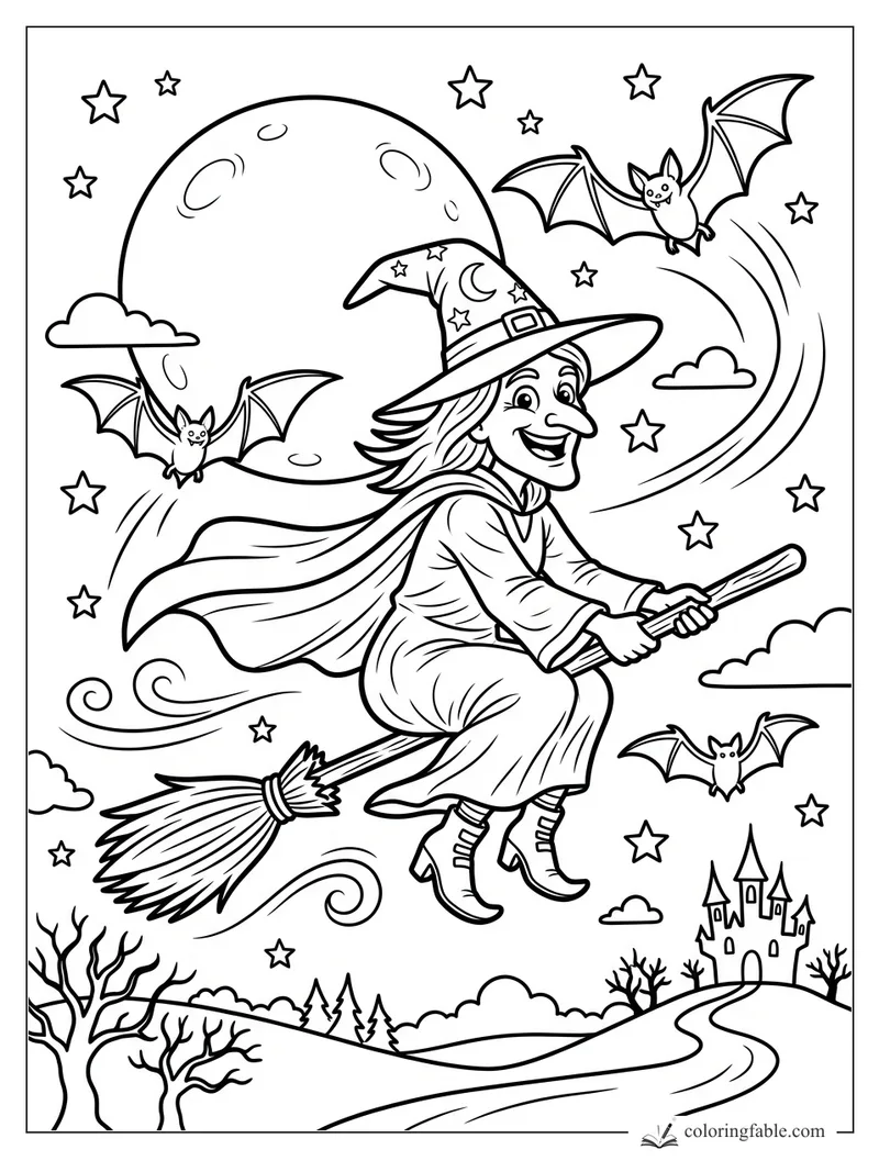 Cartoon witch on a broom flying past bats, stars, a full moon, and a small castle
