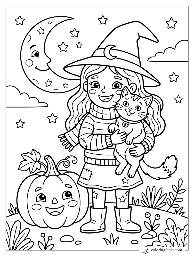 Cartoon witch hugging a cat beside a smiling pumpkin, crescent moon, stars, clouds, and garden plants.