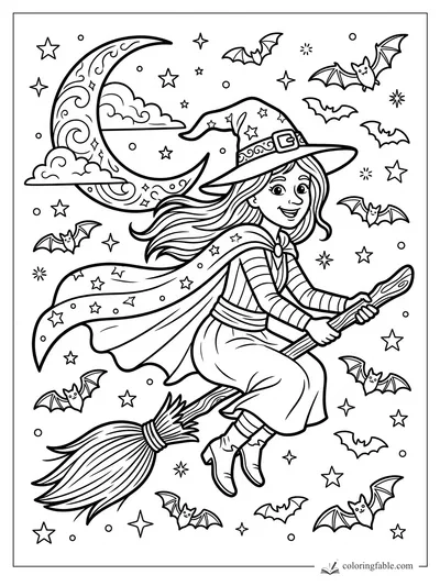 Cartoon witch on a broom flying past a crescent moon, stars, clouds, and cheerful bats