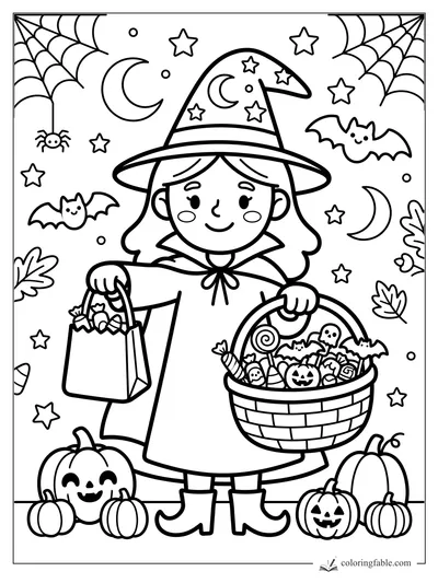 Young witch holding candy baskets among bats, stars, spiderwebs, crescent moons, and jack-o'-lanterns.