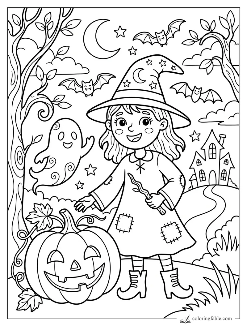 Doodle witch with starry hat, wand, jack-o’-lantern, ghost, bats, trees, crescent moon, and crooked house