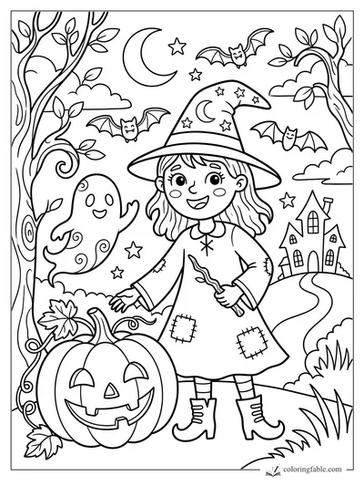 Doodle witch with starry hat, wand, jack-o’-lantern, ghost, bats, trees, crescent moon, and crooked house