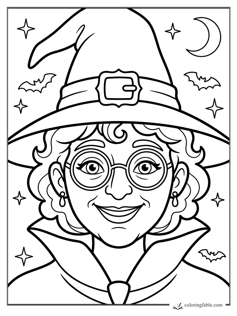 Smiling witch in a tall buckled hat with round glasses, crescent moon, stars, and bats
