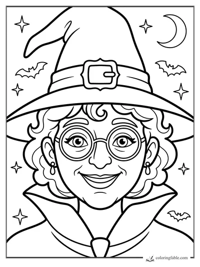 Smiling witch in a tall buckled hat with round glasses, crescent moon, stars, and bats
