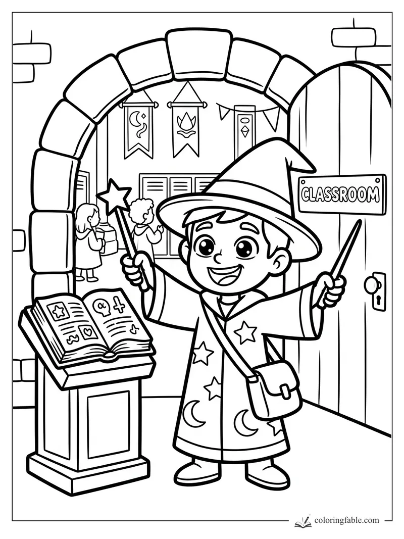 Young wizard with two wands by a classroom door, open spell book, stone arch, banners, and students.