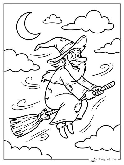 Cartoon wizard flying on a broom past a crescent moon, fluffy clouds, and curling wind
