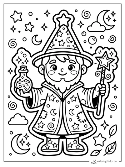 Sticker-style wizard holding a star wand and bubbly potion, with moons, clouds, spirals, and stars around him.