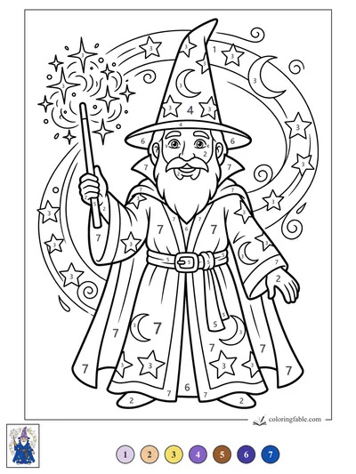 Smiling Wizard with Starry Wand — color by number