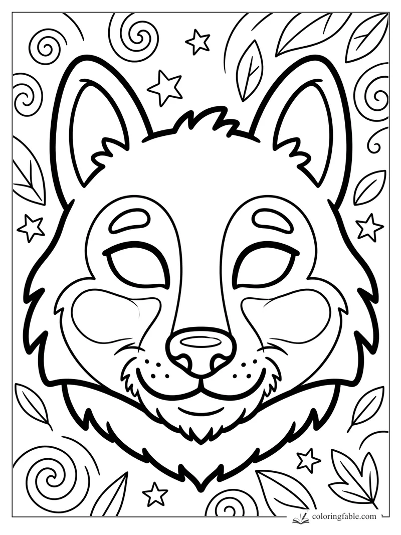 Bold easy wolf face coloring page with big ears, cheek patches, stars, leaves, and spiral vines