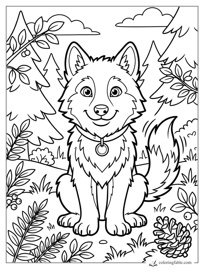 Cute cartoon wolf pup sitting in a pine forest with leafy branches, berries, clouds, and a pine cone.