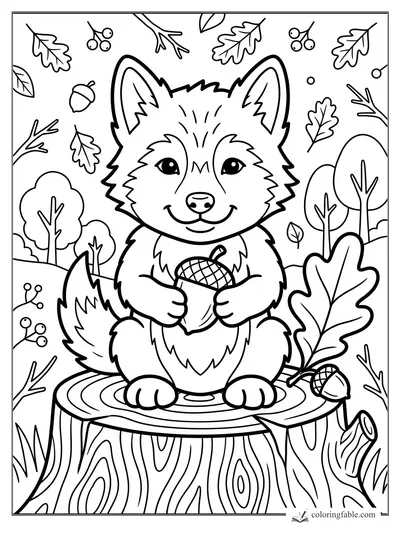 Easy wolf coloring page with smiling pup holding an acorn on a tree stump among oak leaves