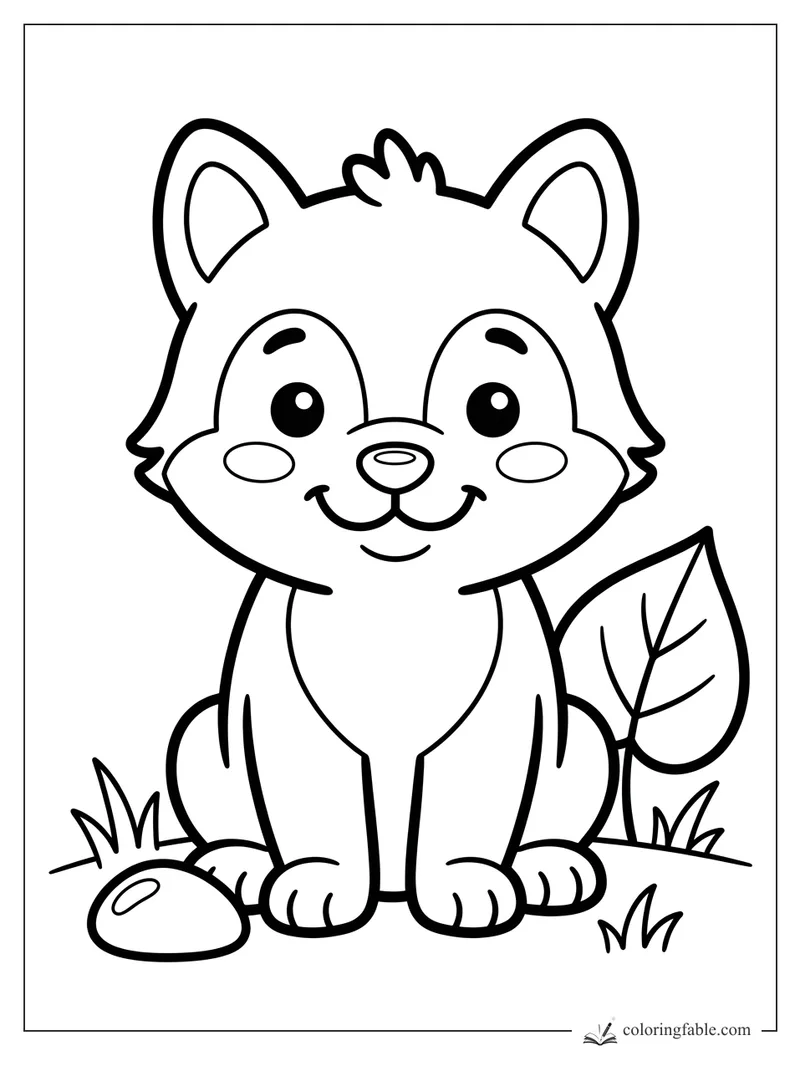 Bold easy wolf pup coloring page with big ears, cheek spots, a leaf, grass, and a smooth pebble.