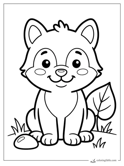 Bold easy wolf pup coloring page with big ears, cheek spots, a leaf, grass, and a smooth pebble.