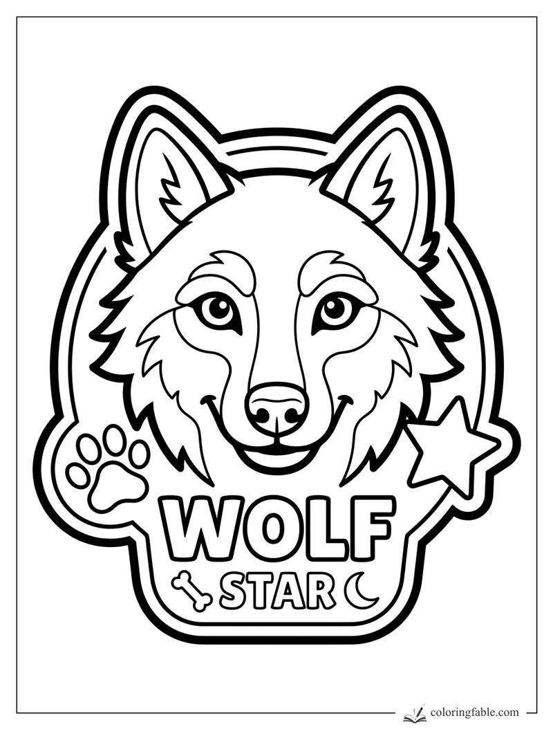 Smiling wolf sticker coloring page with big ears, paw print, star, bone, crescent moon, and WOLF STAR words
