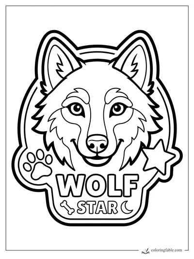 Smiling wolf sticker coloring page with big ears, paw print, star, bone, crescent moon, and WOLF STAR words